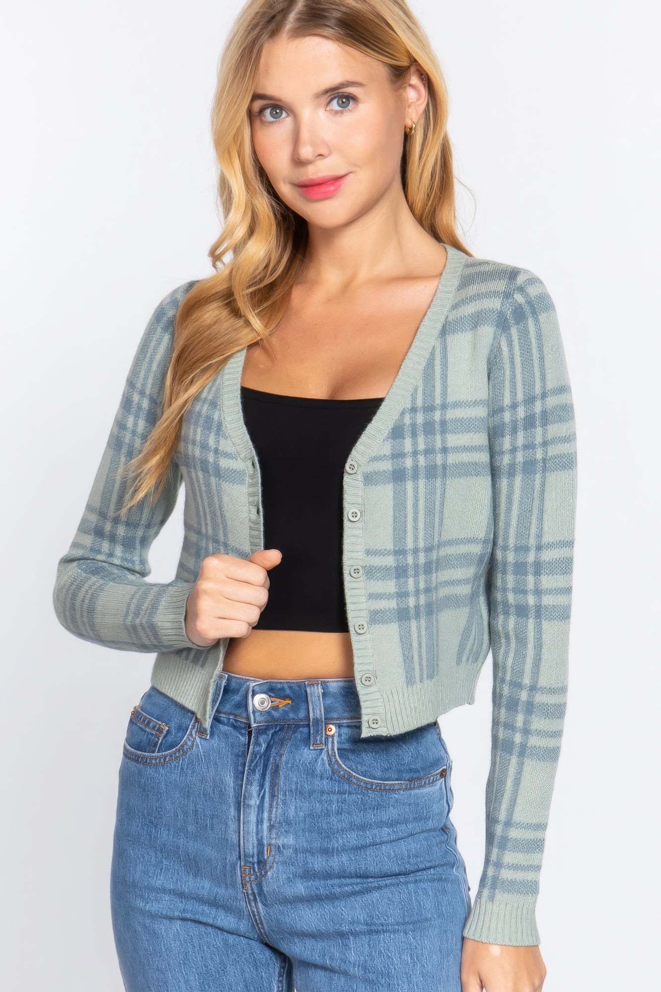 Long Sleeve V-neck Fitted Button Down Plaid Sweater Cardigan-Product Type | Naughty Smile Fashion