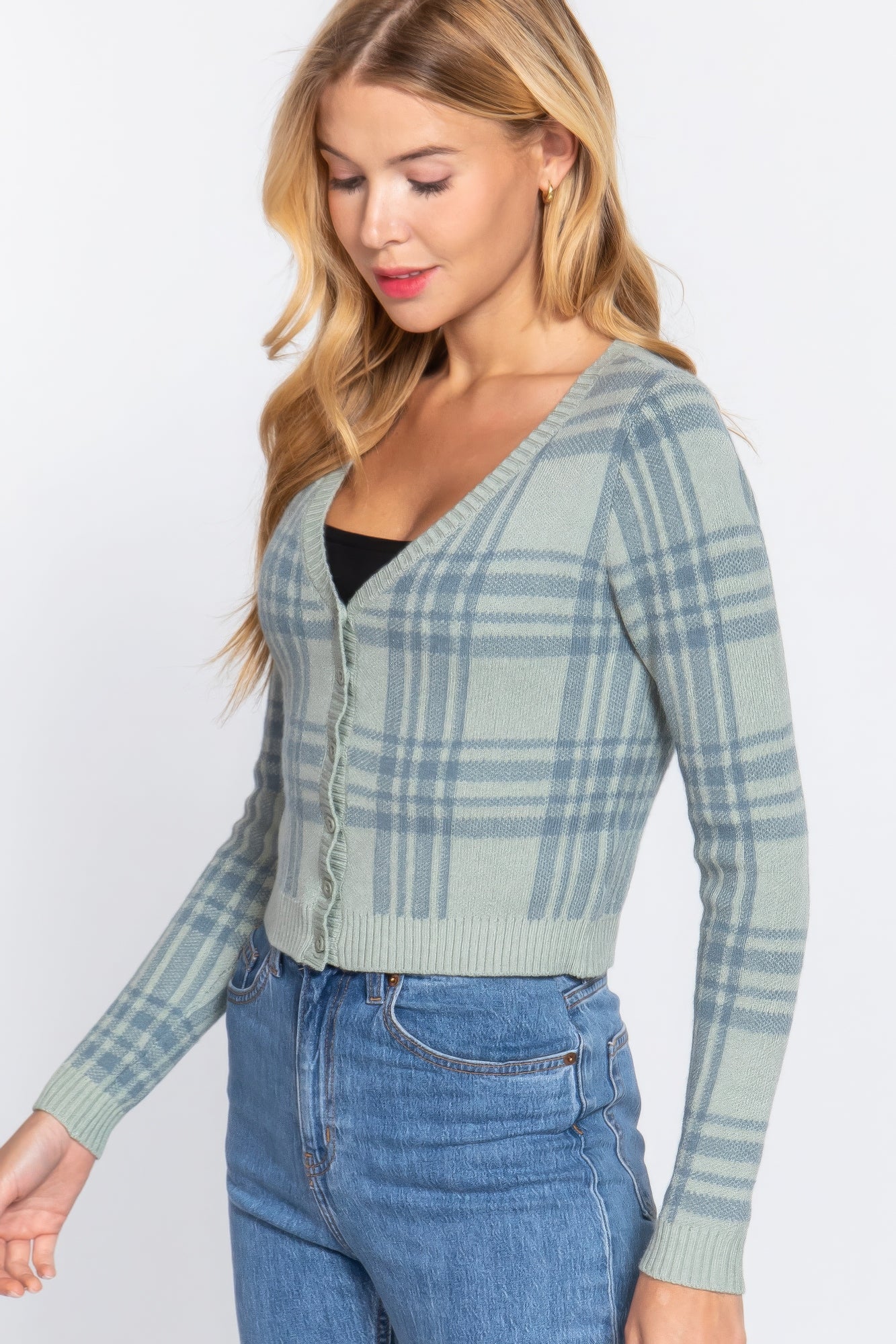 Long Sleeve V-neck Fitted Button Down Plaid Sweater Cardigan-Product Type | Naughty Smile Fashion