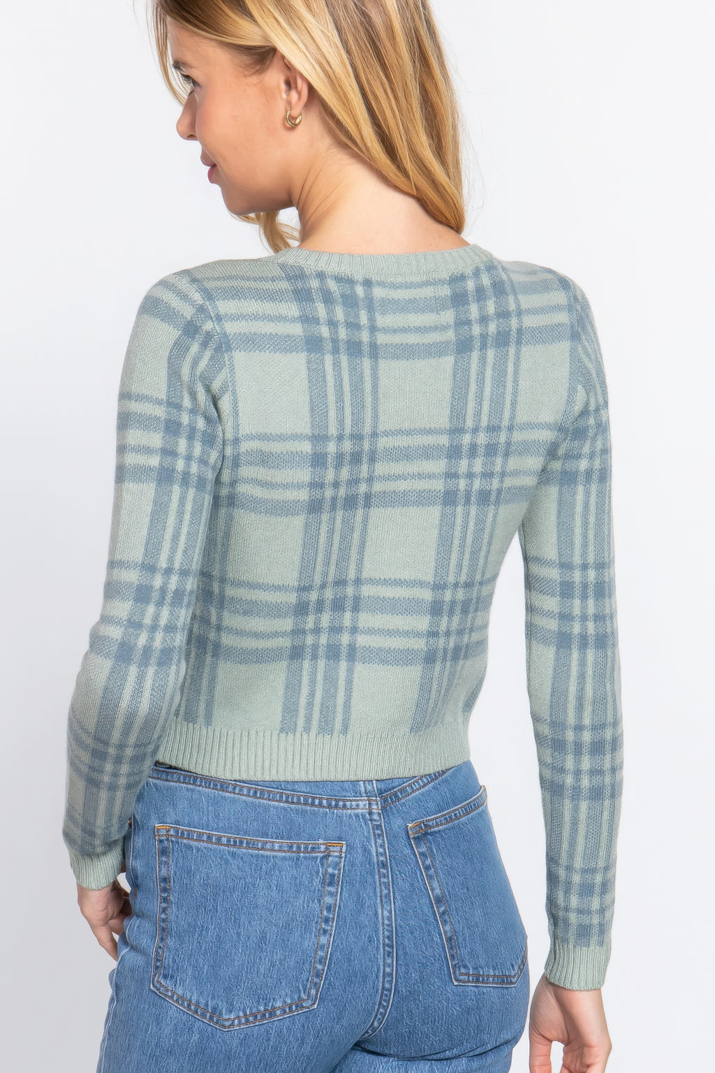 Long Sleeve V-neck Fitted Button Down Plaid Sweater Cardigan-Product Type | Naughty Smile Fashion