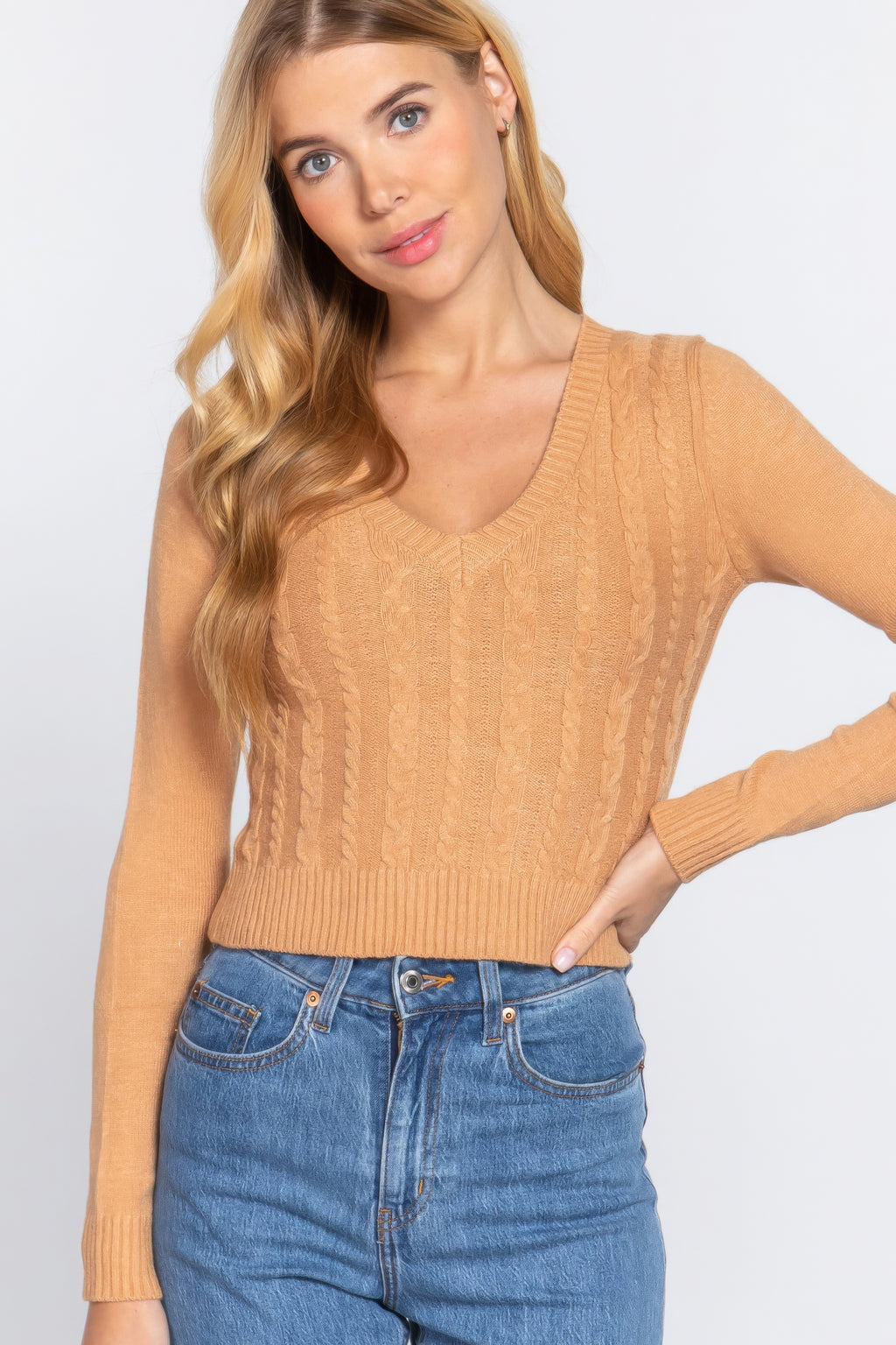Long Sleeve V-neck Cable Sweater-Product Type | Naughty Smile Fashion