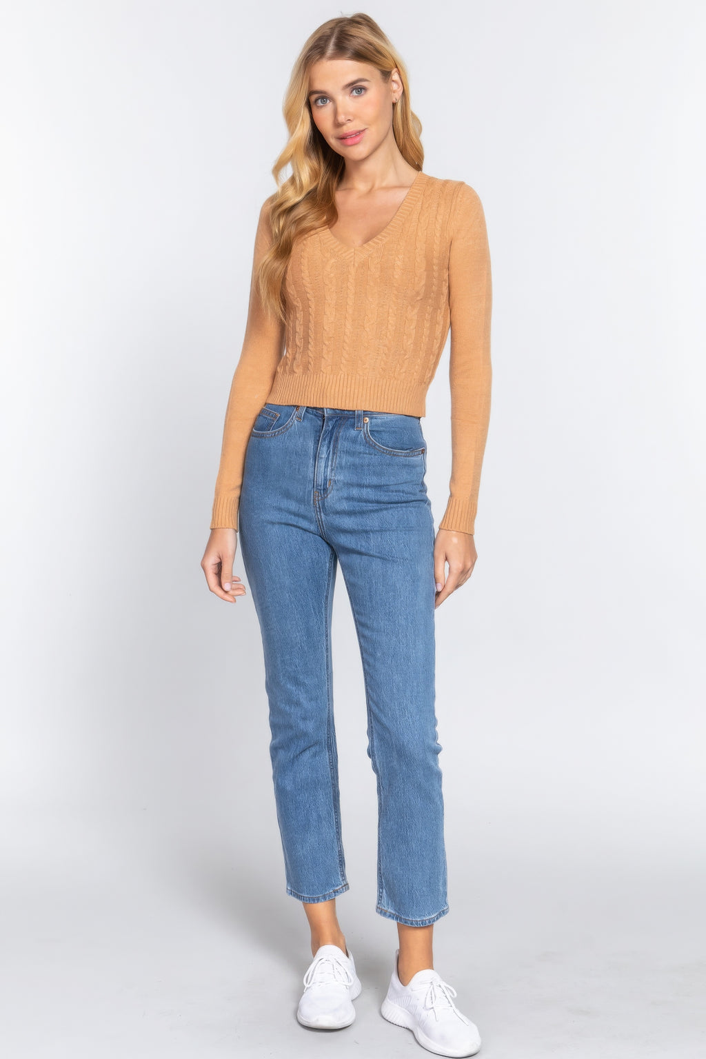 Long Sleeve V-neck Cable Sweater-Product Type | Naughty Smile Fashion