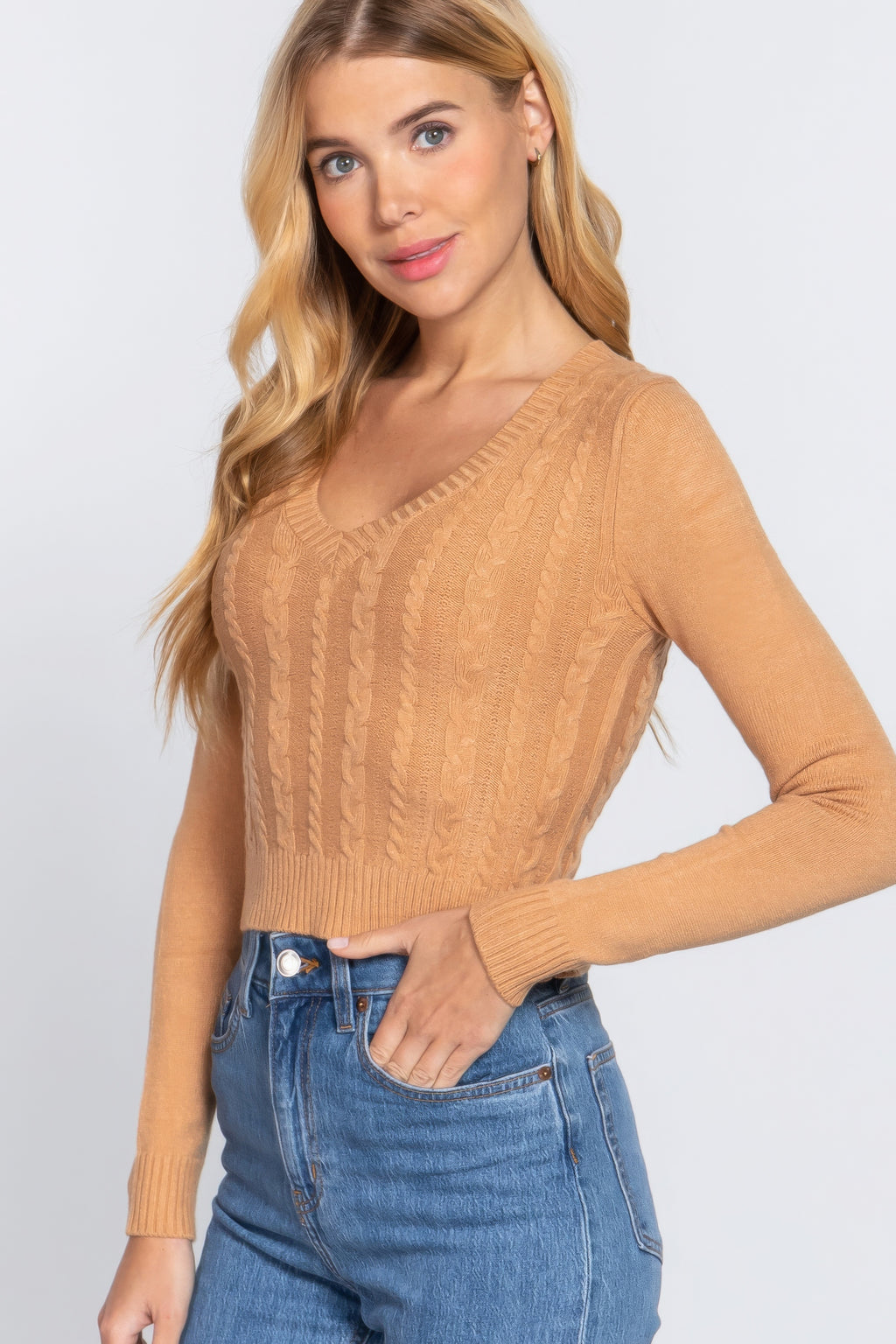 Long Sleeve V-neck Cable Sweater-Product Type | Naughty Smile Fashion