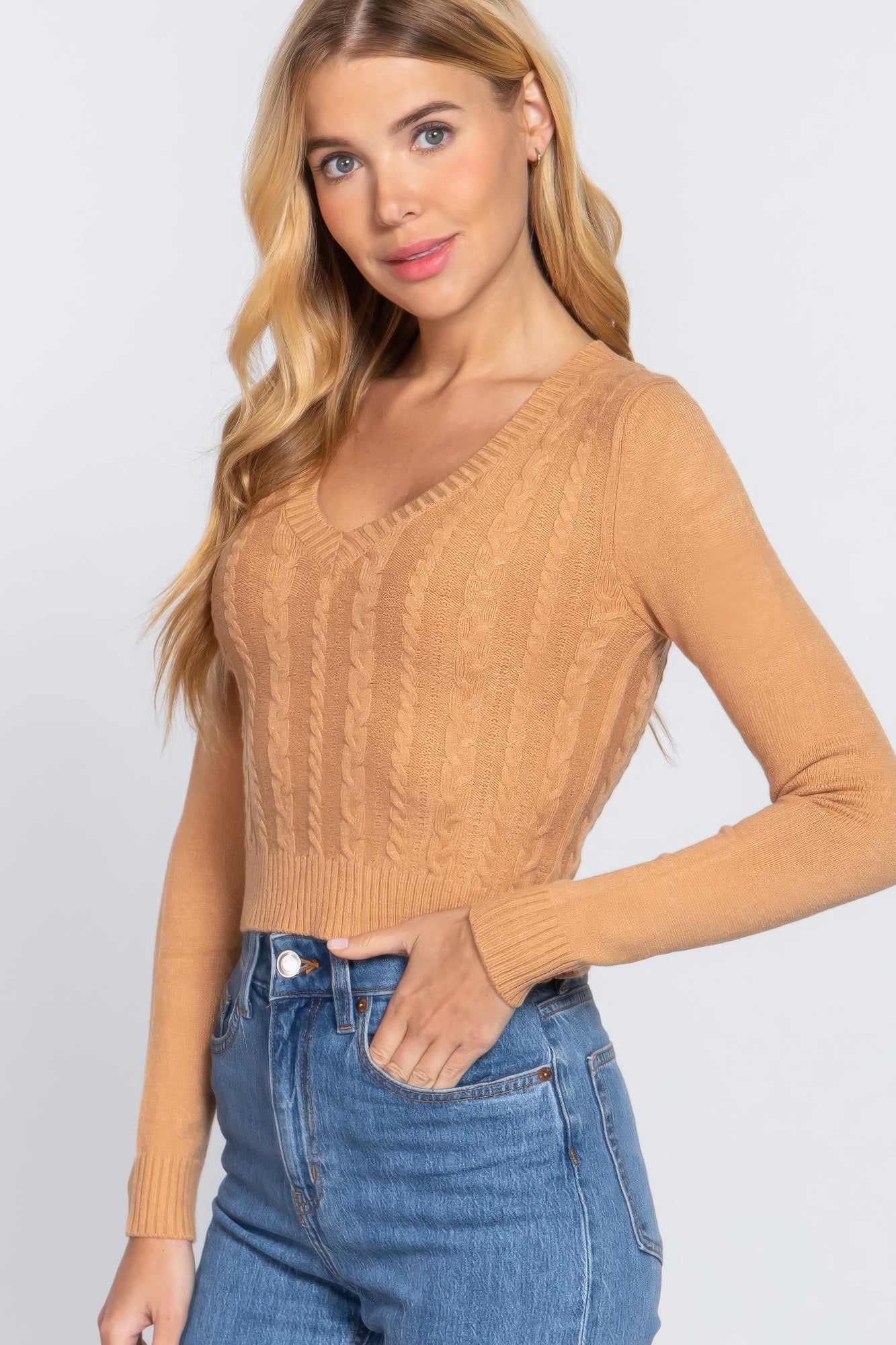Long Sleeve V-neck Cable Sweater-Product Type | Naughty Smile Fashion