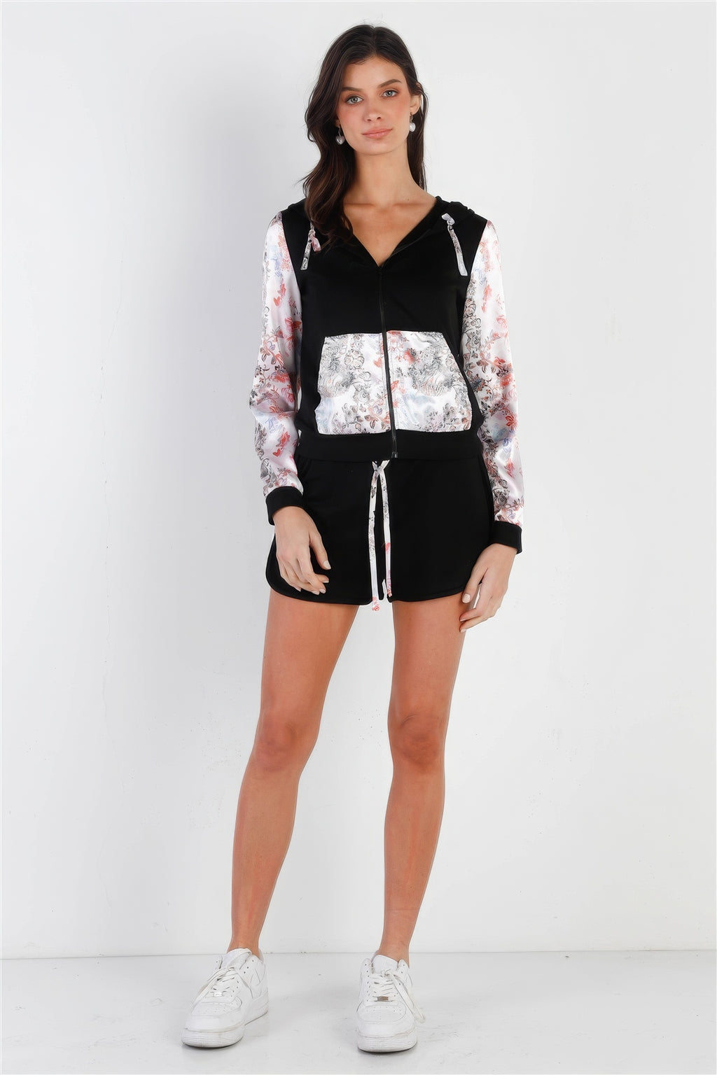 Black & Multi Color Print Colorblock Zip-up Hooded Top & Short Set-Product Type | Naughty Smile Fashion