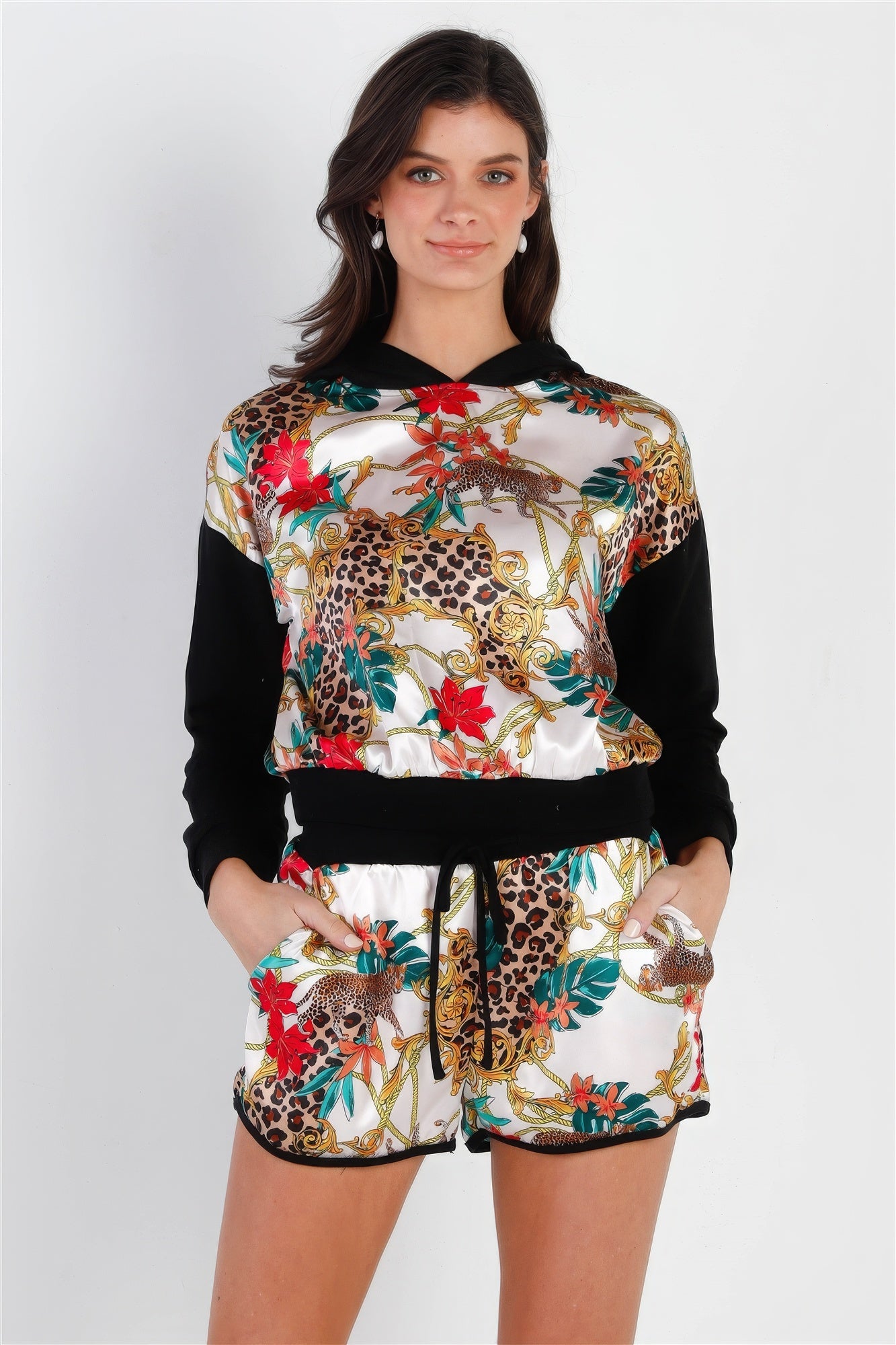 Black & Ivory Satin Effect Animal Print Hooded Top & Short Set-Product Type | Naughty Smile Fashion
