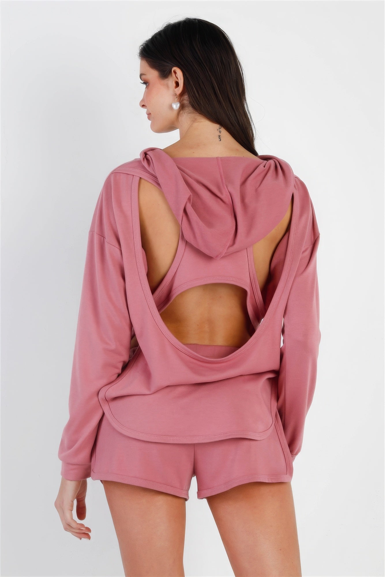 Racer Back Detail Long Sleeve Hooded Top & Short Set-Product Type | Naughty Smile Fashion