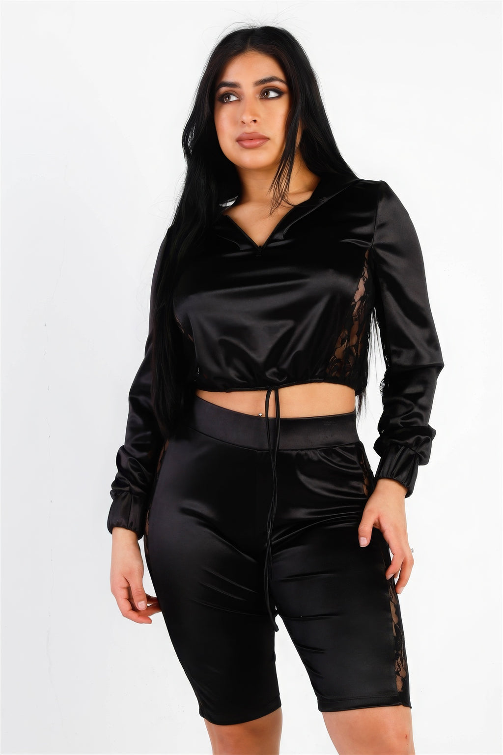 Satin Lace Details Long Sleeve Hooded Crop Top & Biker Short Set-Product Type | Naughty Smile Fashion