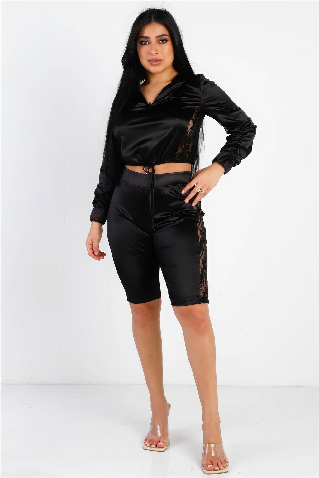 Satin Lace Details Long Sleeve Hooded Crop Top & Biker Short Set-Product Type | Naughty Smile Fashion