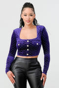 Lux Diamon Velvet Buttons Open Back Square Neck Long Sleeves Cropped Top-Product Type | Naughty Smile Fashion