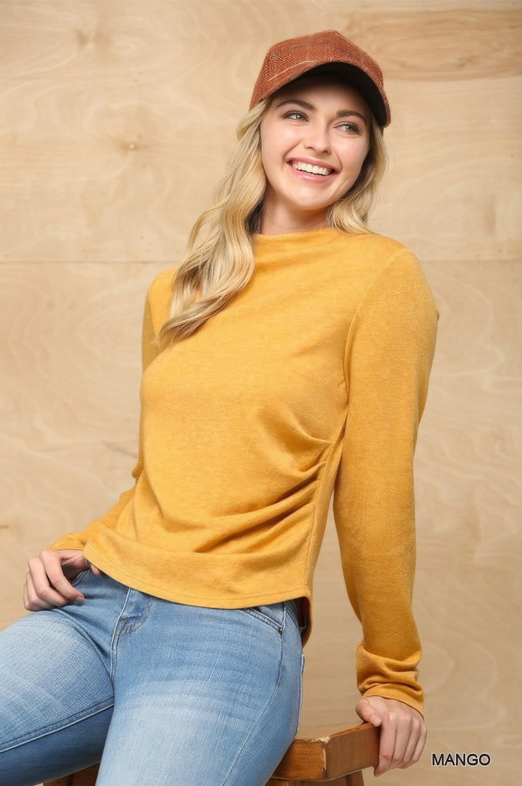 Solid And Cozy Soft Knit Mock Neck Top With Side Ruched Detail-Product Type | Naughty Smile Fashion