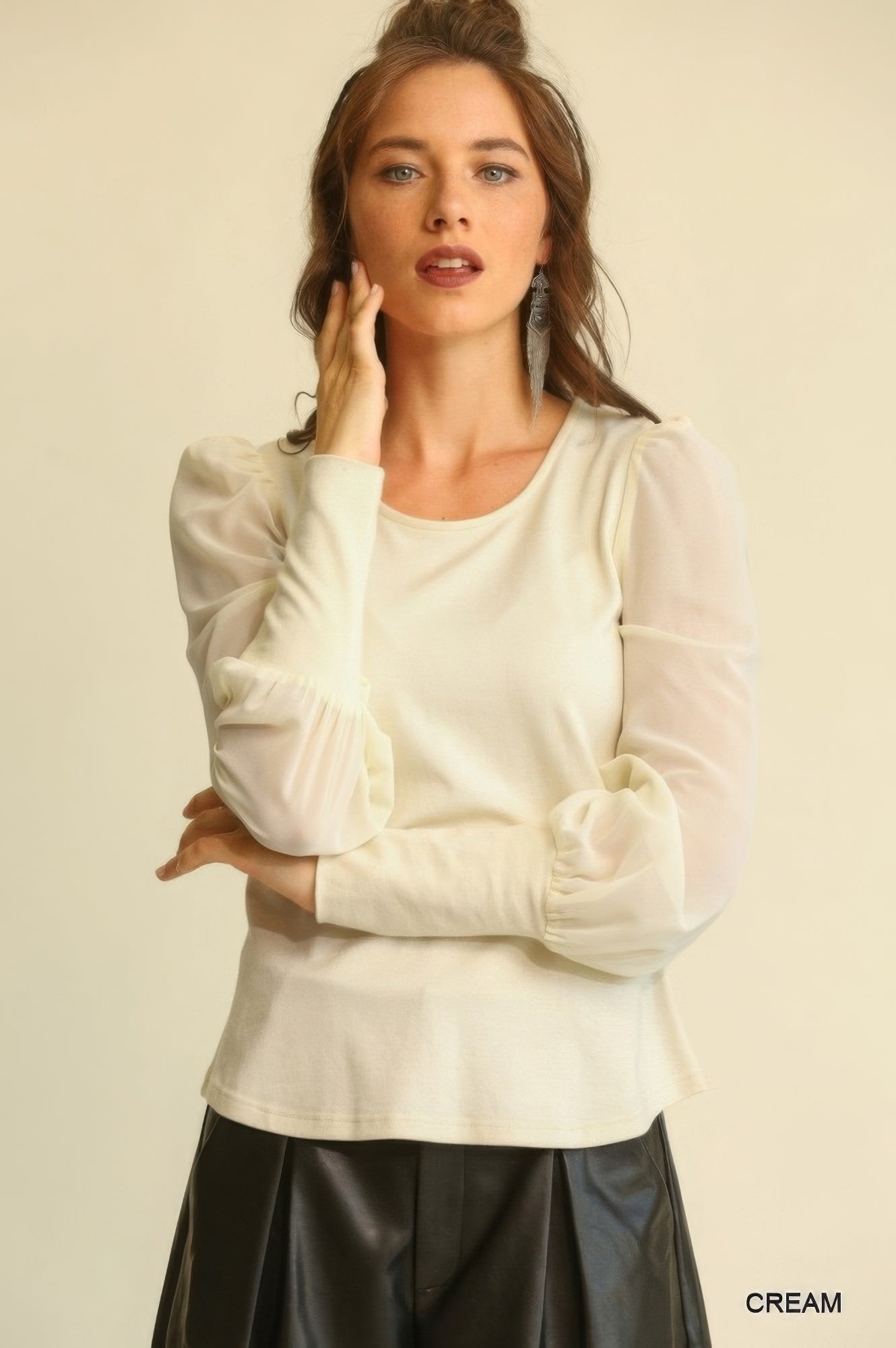 Solid Knit And Chiffon Mixed Top With Puff Long Sleeve-Product Type | Naughty Smile Fashion
