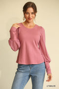 Solid Knit And Chiffon Mixed Top With Puff Long Sleeve-Product Type | Naughty Smile Fashion