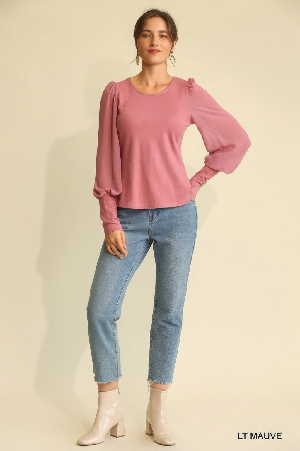 Solid Knit And Chiffon Mixed Top With Puff Long Sleeve-Product Type | Naughty Smile Fashion