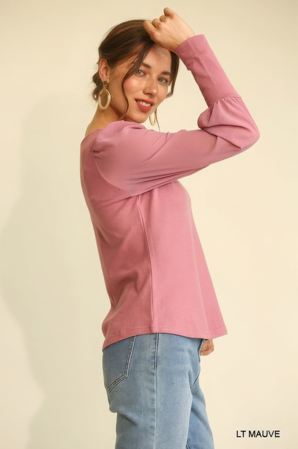 Solid Knit And Chiffon Mixed Top With Puff Long Sleeve-Product Type | Naughty Smile Fashion