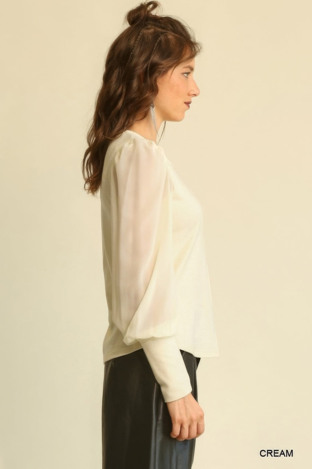 Solid Knit And Chiffon Mixed Top With Puff Long Sleeve-Product Type | Naughty Smile Fashion