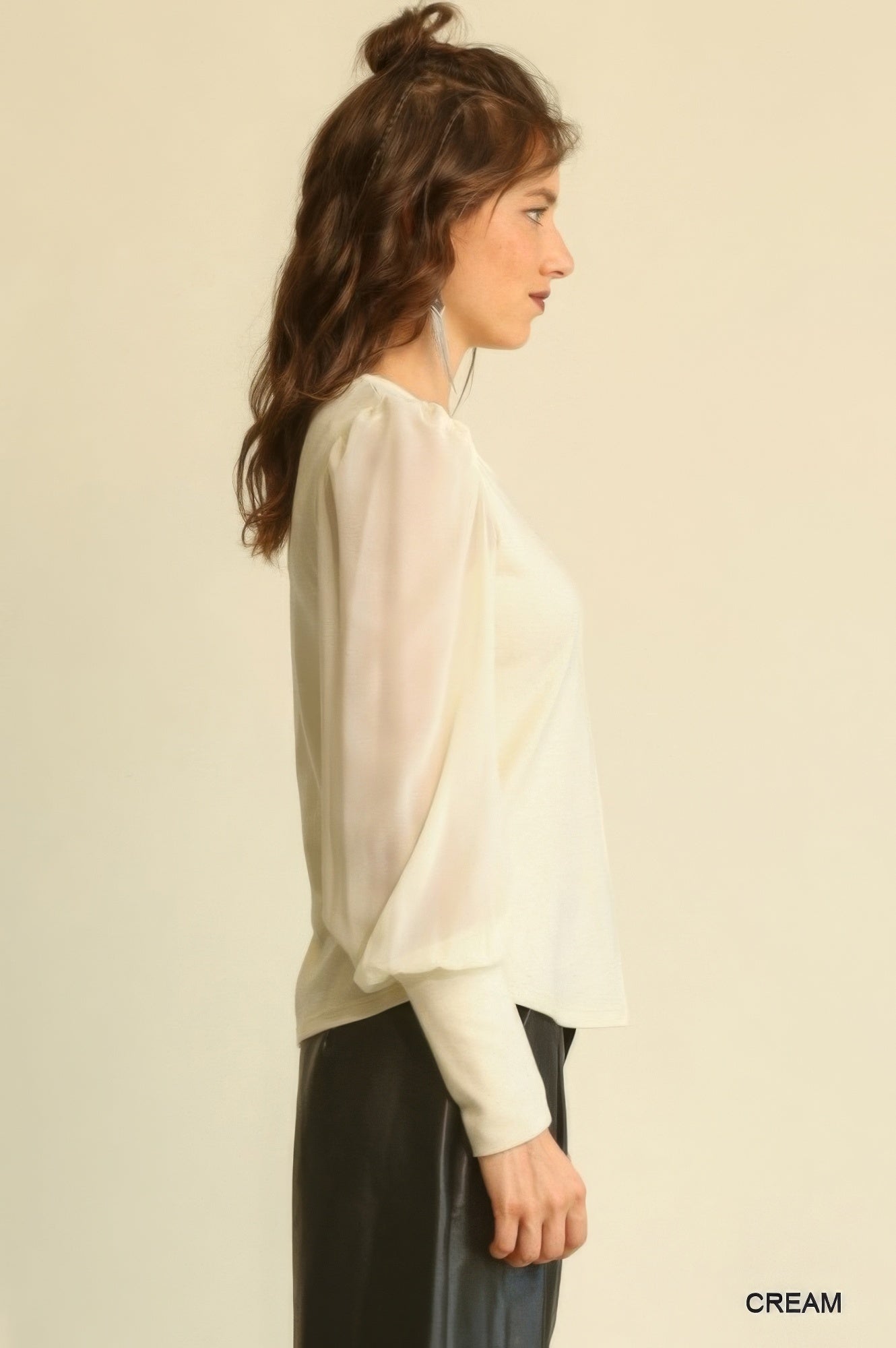 Solid Knit And Chiffon Mixed Top With Puff Long Sleeve-Product Type | Naughty Smile Fashion