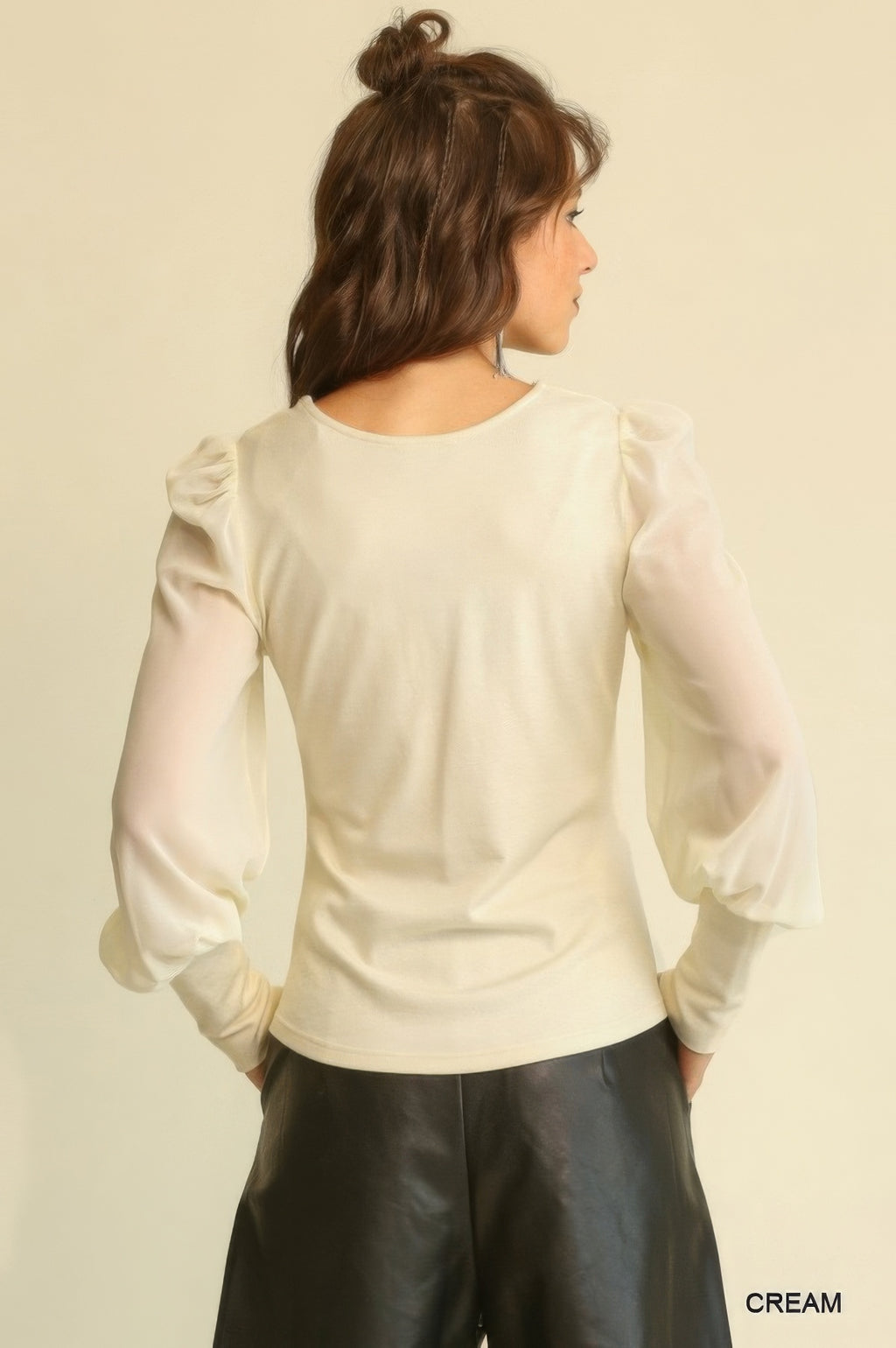 Solid Knit And Chiffon Mixed Top With Puff Long Sleeve-Product Type | Naughty Smile Fashion