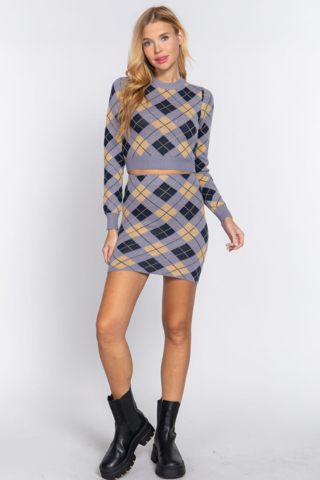 Argyle Jacquard Sweater Mini Skirt-Product Type | Naughty Smile Fashion