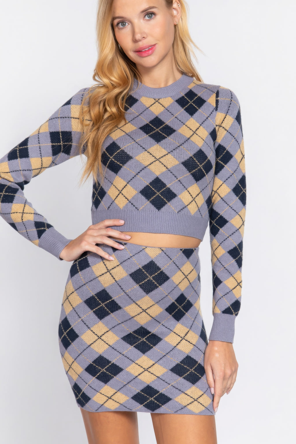 Argyle Jacquard Sweater Mini Skirt-Product Type | Naughty Smile Fashion
