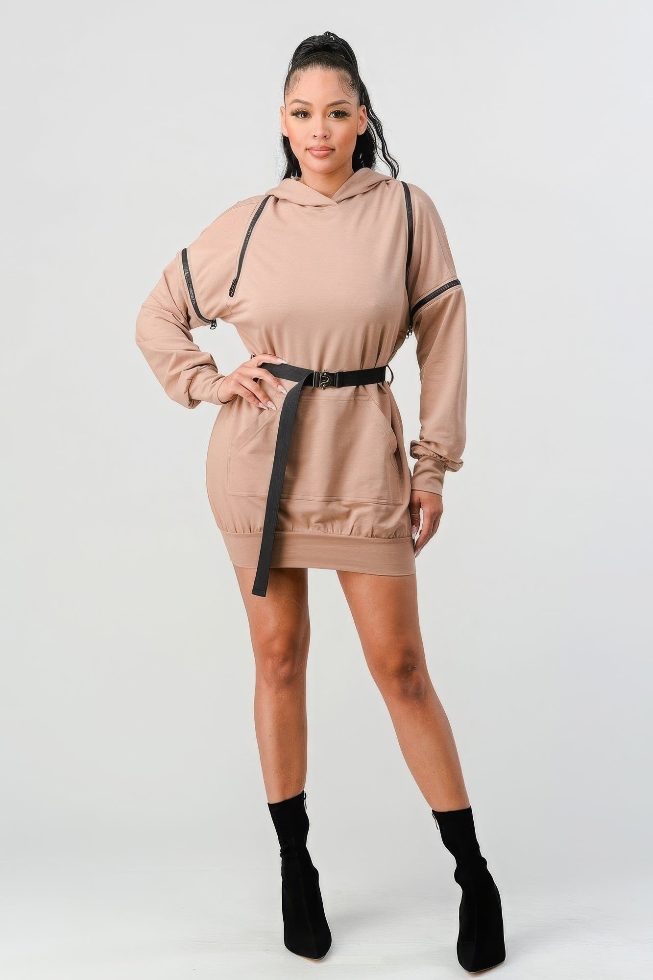 Double Zipper Long Sleeve Hooded Mini Dress-Product Type | Naughty Smile Fashion