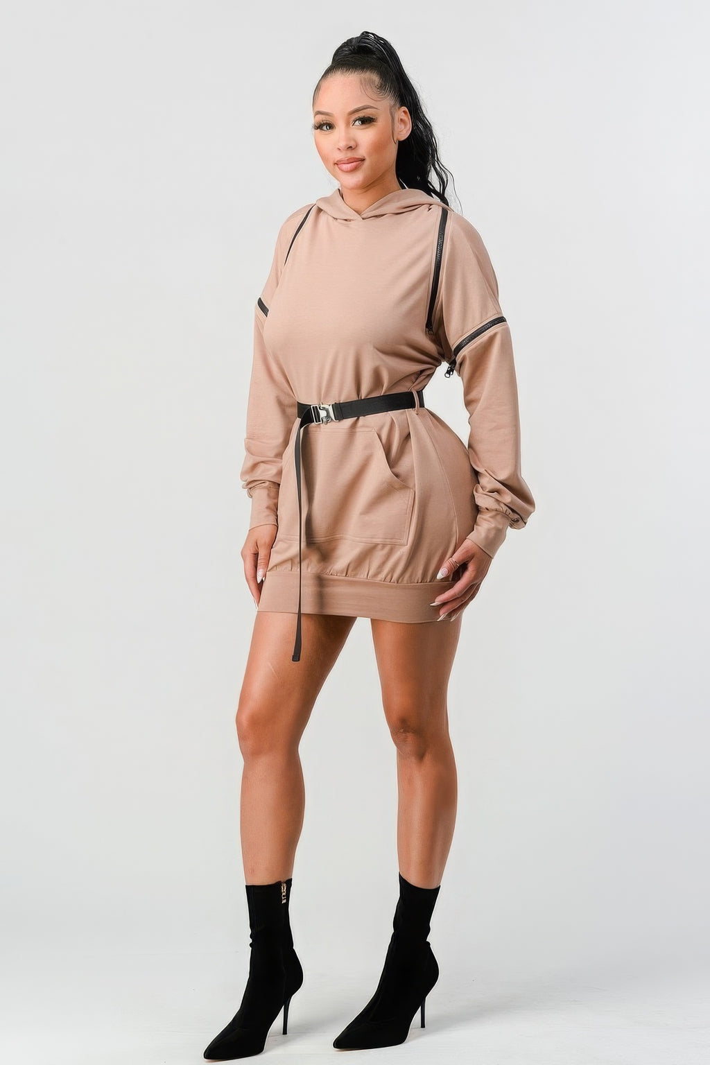 Double Zipper Long Sleeve Hooded Mini Dress-Product Type | Naughty Smile Fashion