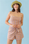 Orange & Aqua Plaid Print Cotton Strapless Crop Top & High Waist Two Pocket Shorts Set-Product Type | Naughty Smile Fashion