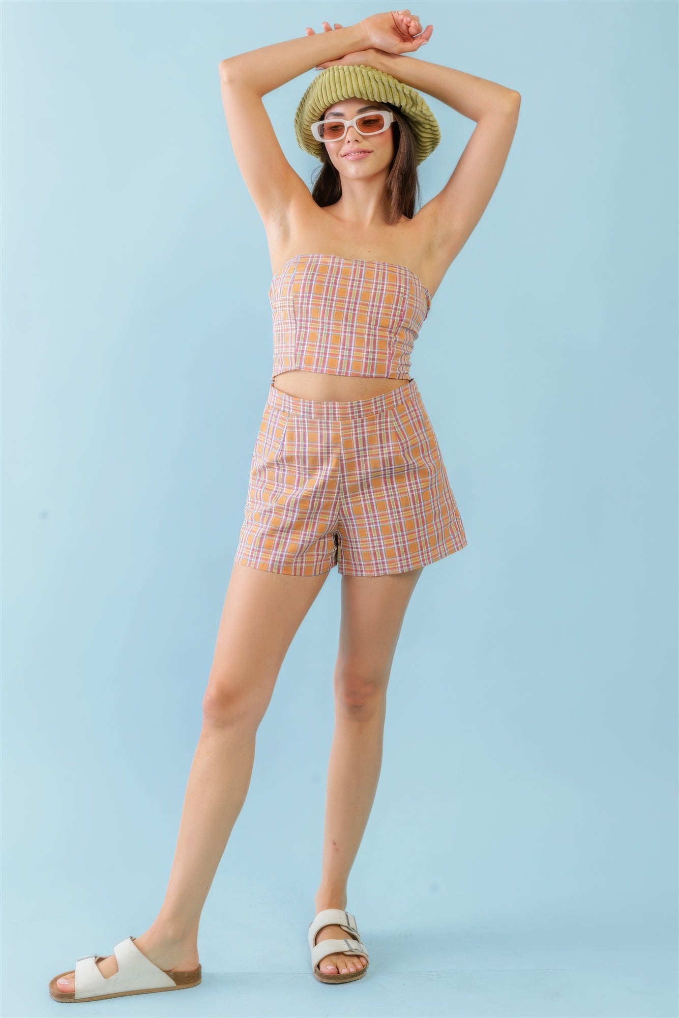 Orange & Aqua Plaid Print Cotton Strapless Crop Top & High Waist Two Pocket Shorts Set-Product Type | Naughty Smile Fashion