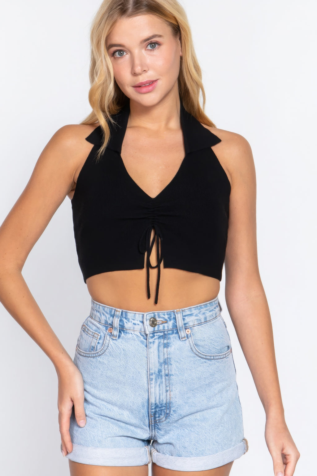 Halter Ruched Crop Sweater Knit Top-Product Type | Naughty Smile Fashion
