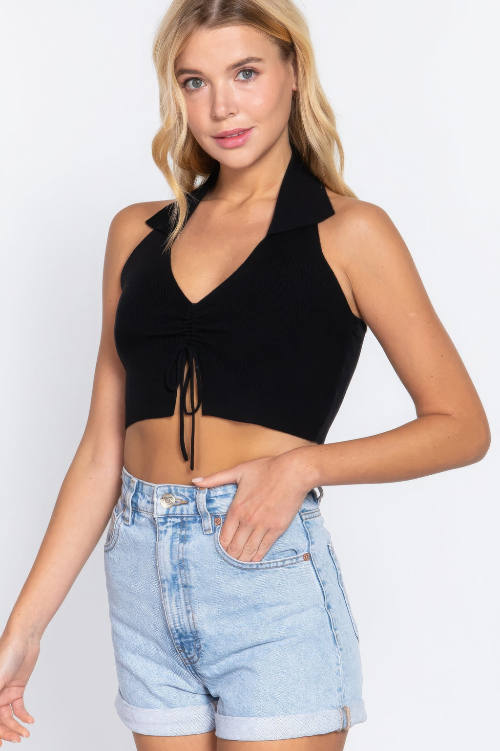 Halter Ruched Crop Sweater Knit Top-Product Type | Naughty Smile Fashion