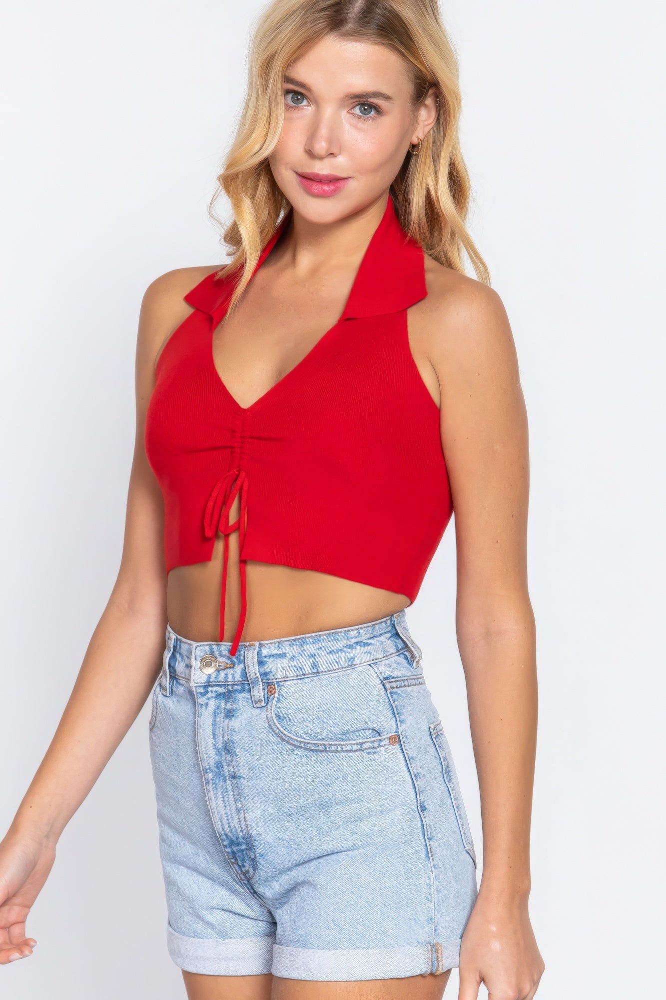 Halter Ruched Crop Sweater Knit Top-Product Type | Naughty Smile Fashion
