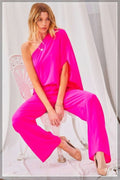One Shoulder 3/4 Sleeve Unbalanced Waist Elastic Solid Pants Jumpsuit-Product Type | Naughty Smile Fashion