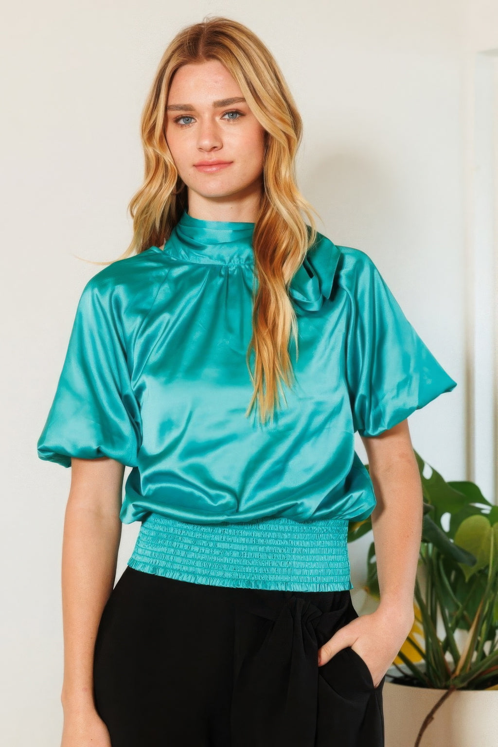 Waist Smocked Solid Satin Blouse-Product Type | Naughty Smile Fashion
