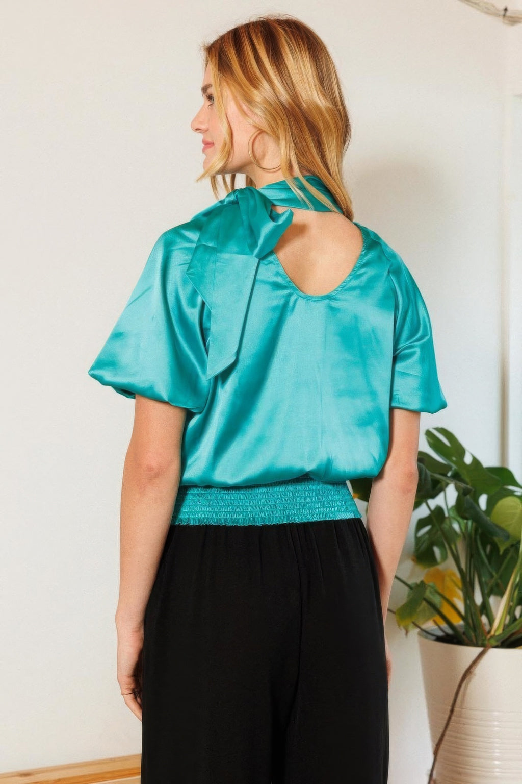 Waist Smocked Solid Satin Blouse-Product Type | Naughty Smile Fashion