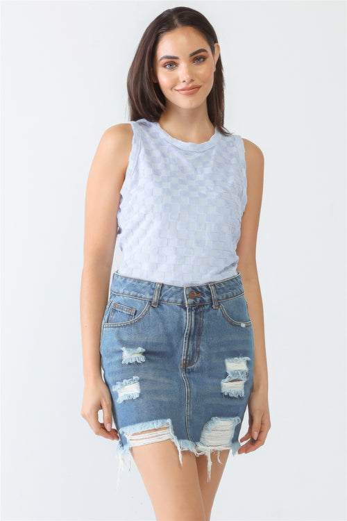 Baby Blue Chess Cage Print Cotton Blend Sleeveless Bodysuit-Product Type | Naughty Smile Fashion