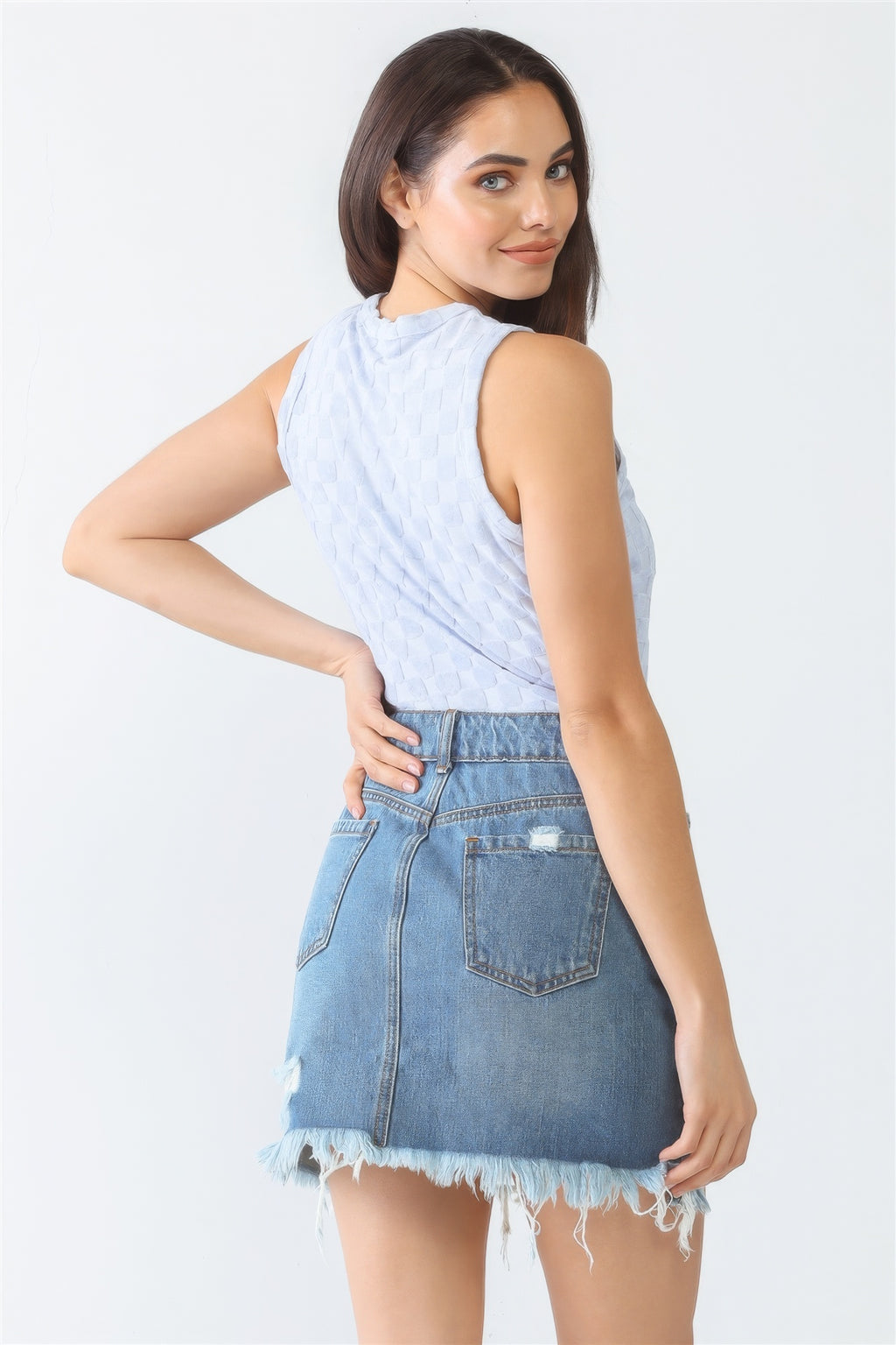 Baby Blue Chess Cage Print Cotton Blend Sleeveless Bodysuit-Product Type | Naughty Smile Fashion