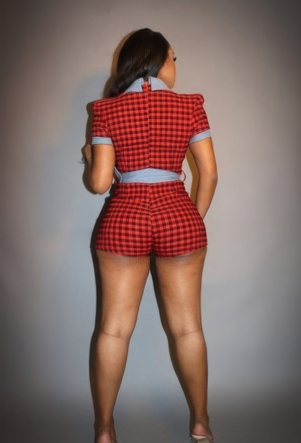 Plaid Print Denim Romper-Product Type | Naughty Smile Fashion