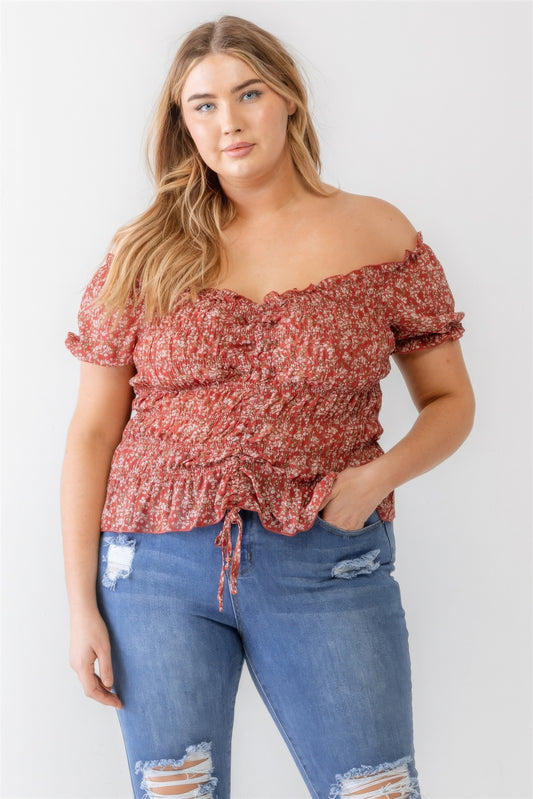 Plus Size Plus Floral Chiffon Ruched Smocked Off-the-shoulder Top – Stylish & Comfortable – men’s fashion, stylish and versatile