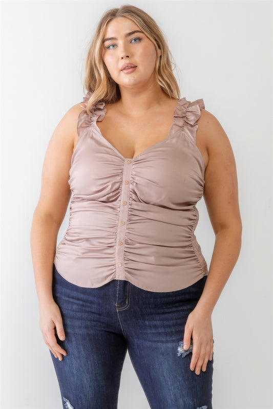 Plus Size Plus Ruched Button-up Ruffle Strap Smocked Back Tank Top – Stylish & Comfortable – men’s fashion, stylish and versatile