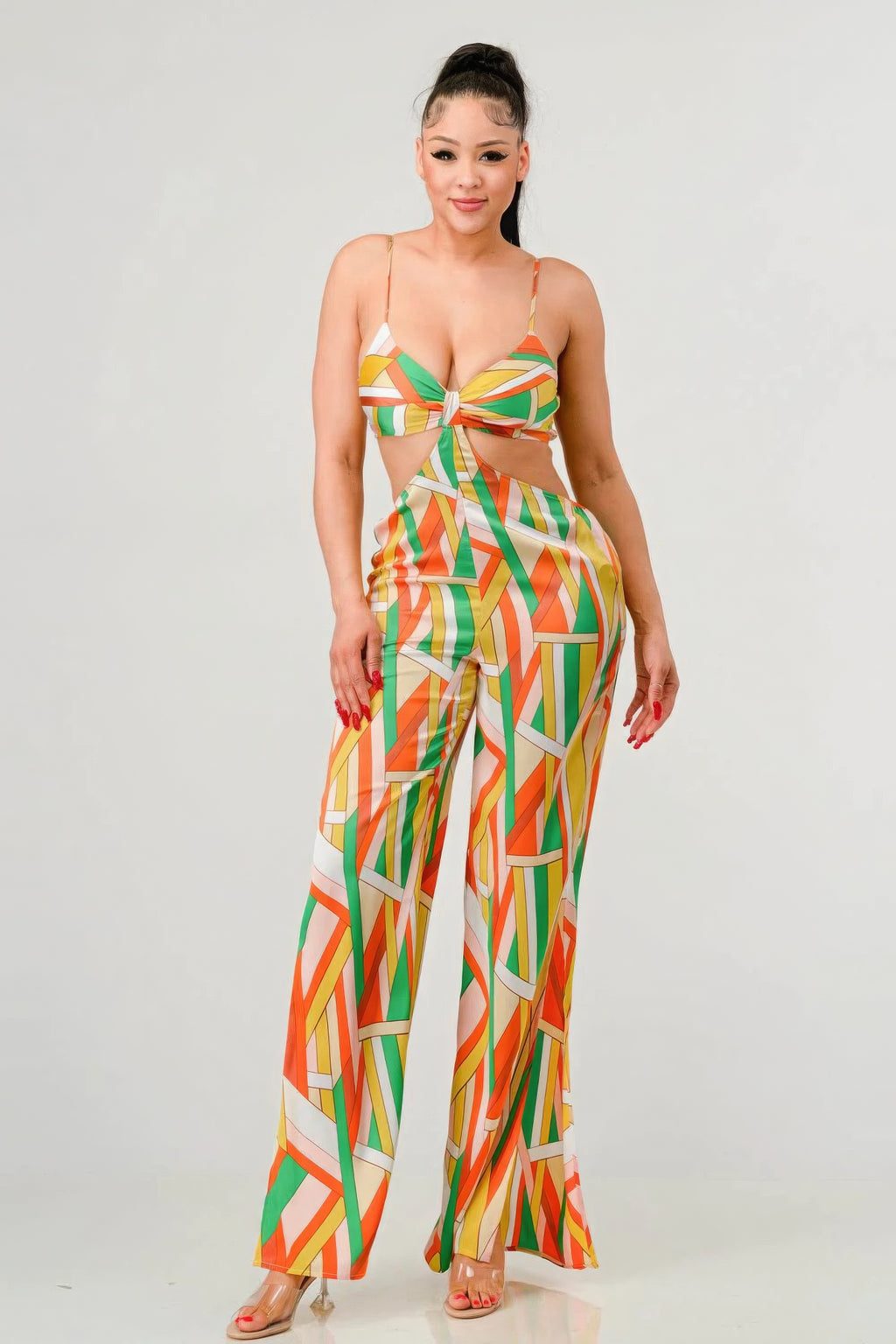 Luxe geo print satin bra top and palazzo jumpsuit-Product Type | Naughty Smile Fashion