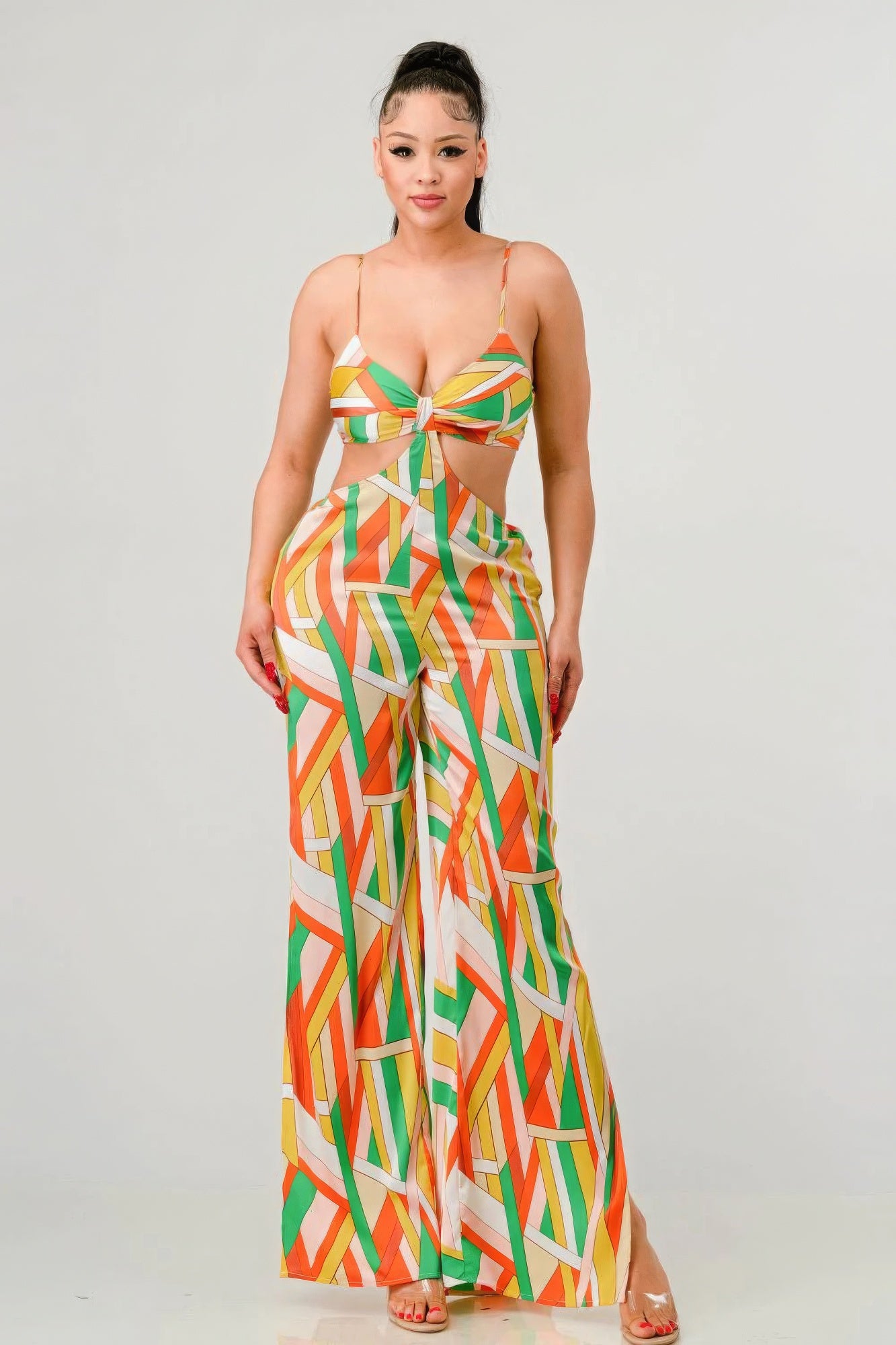Luxe geo print satin bra top and palazzo jumpsuit-Product Type | Naughty Smile Fashion