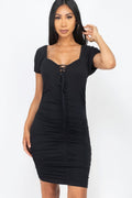 Front Lace Up Ruched Mini Dress-Product Type | Naughty Smile Fashion