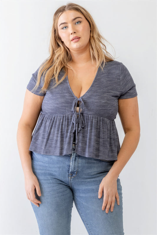Plus Size Plus Denim Blue Ribbed U-shape Neck Flare Hem Tie Top – Stylish & Comfortable – men’s fashion, stylish and versatile