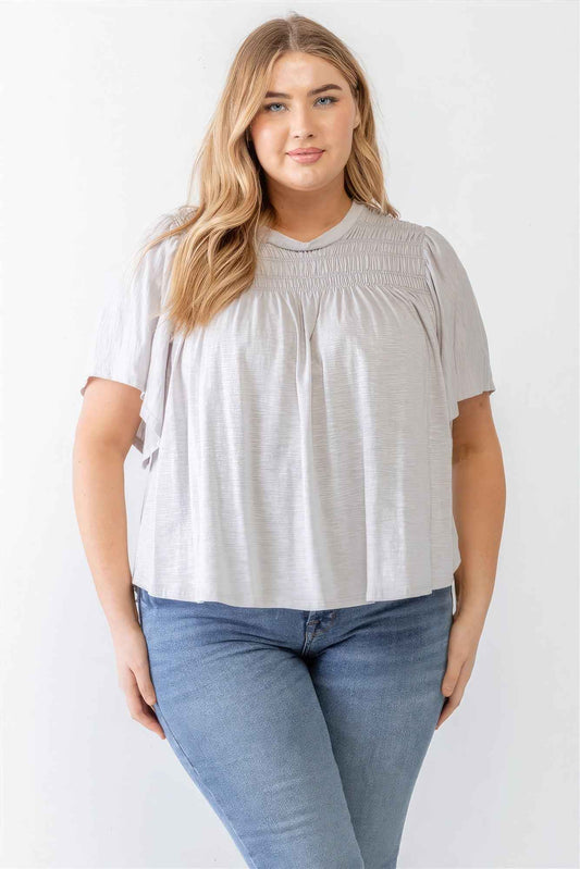 Plus Size Plus Grey Cotton Blend Smoked Short Sleeve Top – Stylish & Comfortable – men’s fashion, stylish and versatile