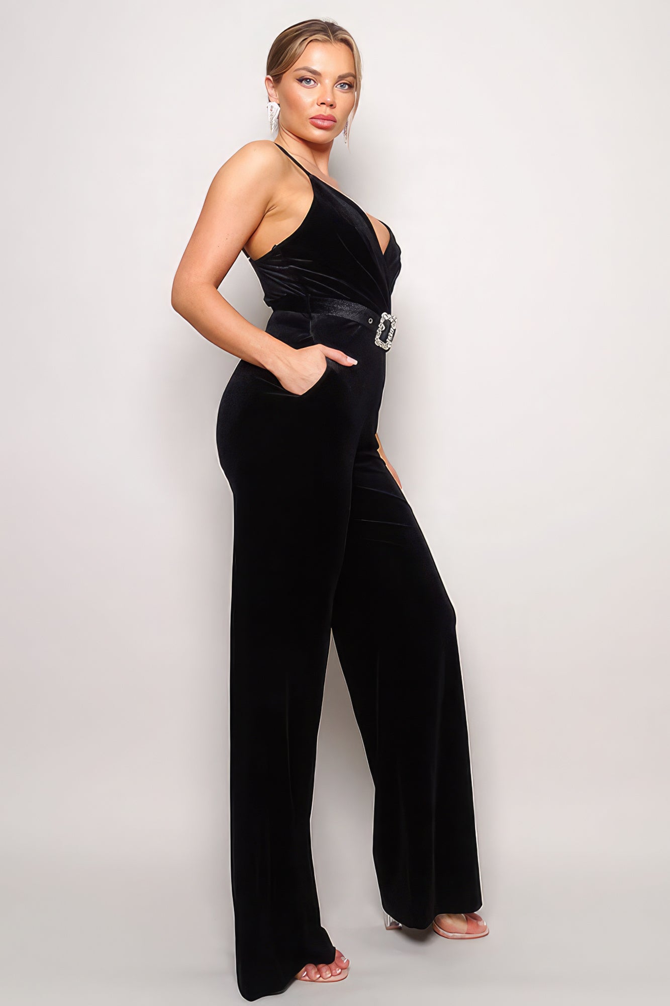 Samba Rhinestone Belt Velvet Jumpsuit-Product Type | Naughty Smile Fashion