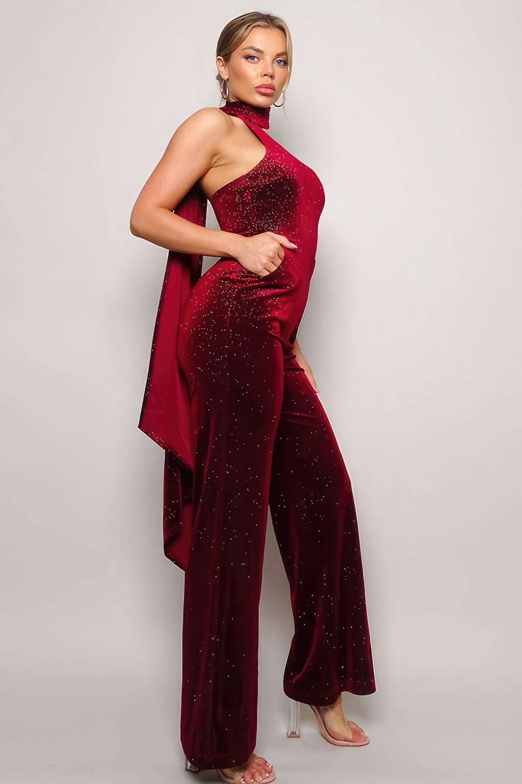Scarf Top Glitter Velvet Jumpsuit-Product Type | Naughty Smile Fashion