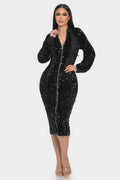 Midi 2 Way Zip Up Sequin Contrast Dress-Product Type | Naughty Smile Fashion