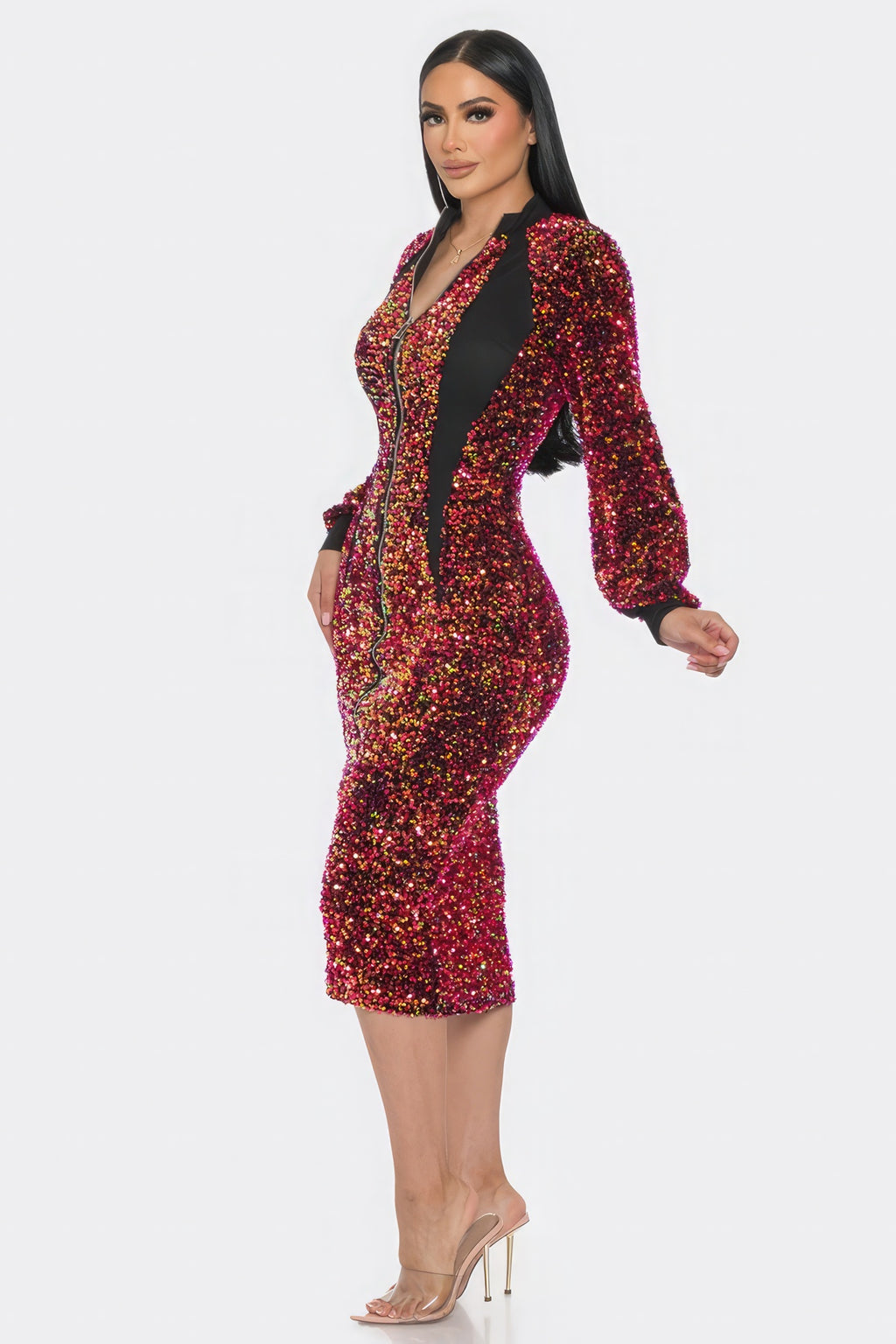 Midi 2 Way Zip Up Sequin Contrast Dress-Product Type | Naughty Smile Fashion
