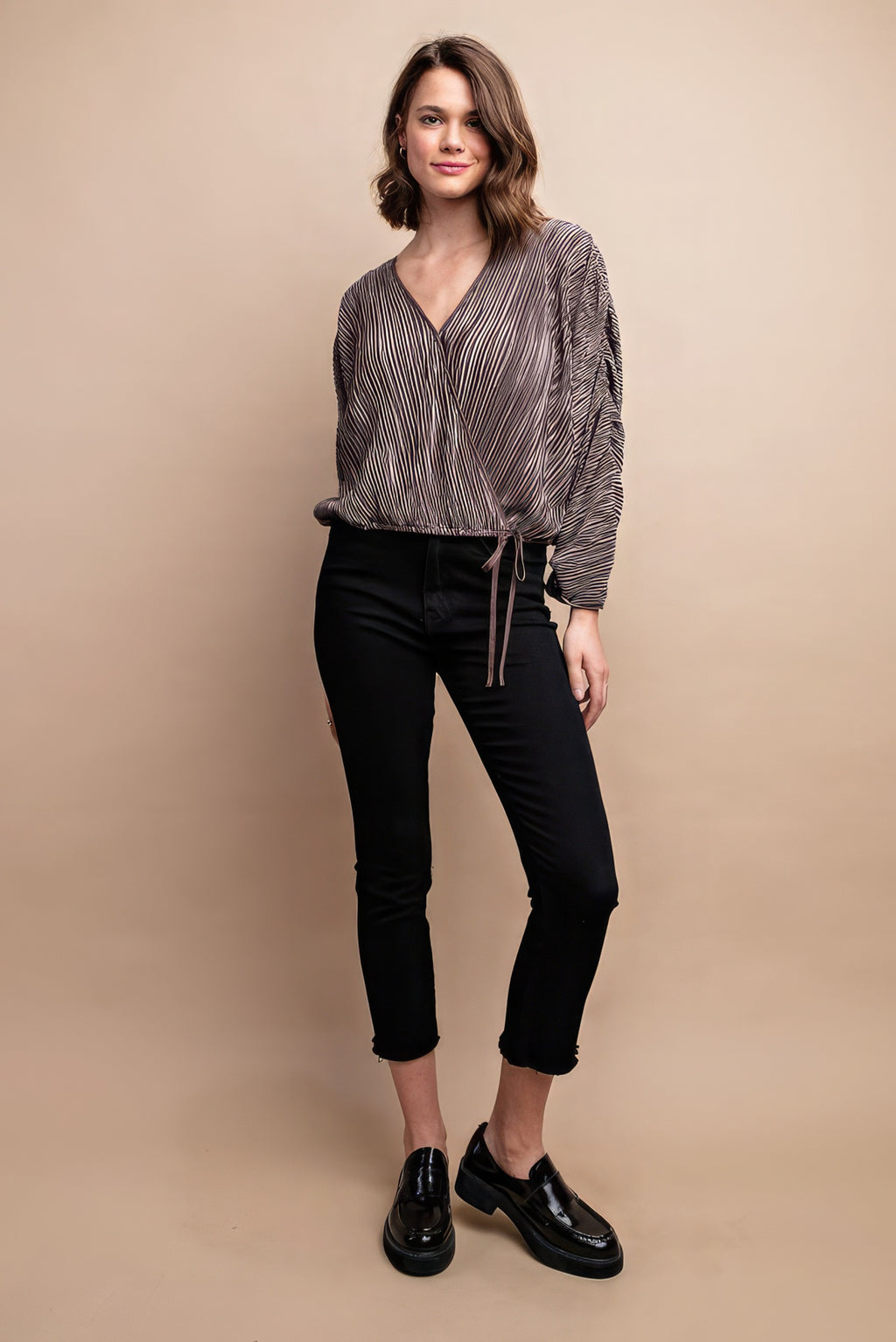 Satin Pleated Drawstring Top With Snap Button-Product Type | Naughty Smile Fashion