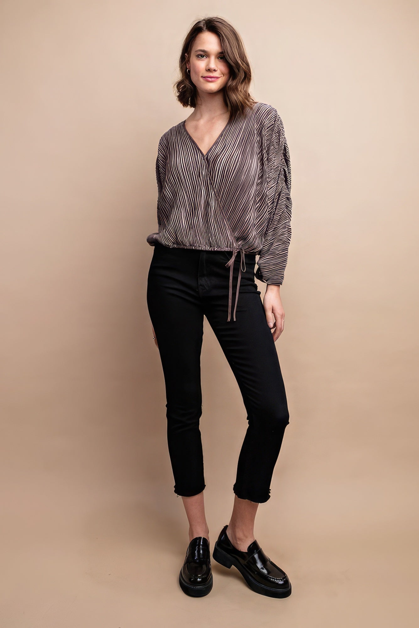Satin Pleated Drawstring Top With Snap Button-Product Type | Naughty Smile Fashion