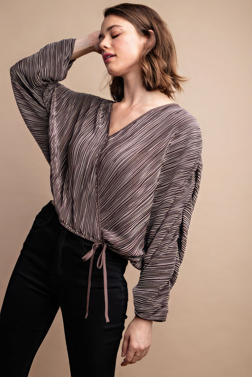 Satin Pleated Drawstring Top With Snap Button-Product Type | Naughty Smile Fashion
